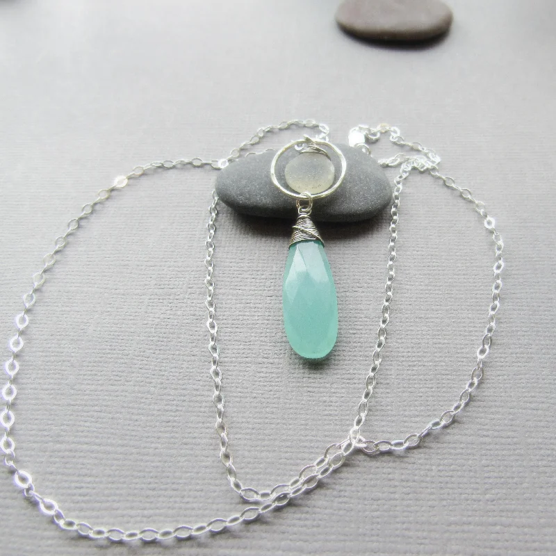 Aqua Chalcendony and White  Druzy Necklace